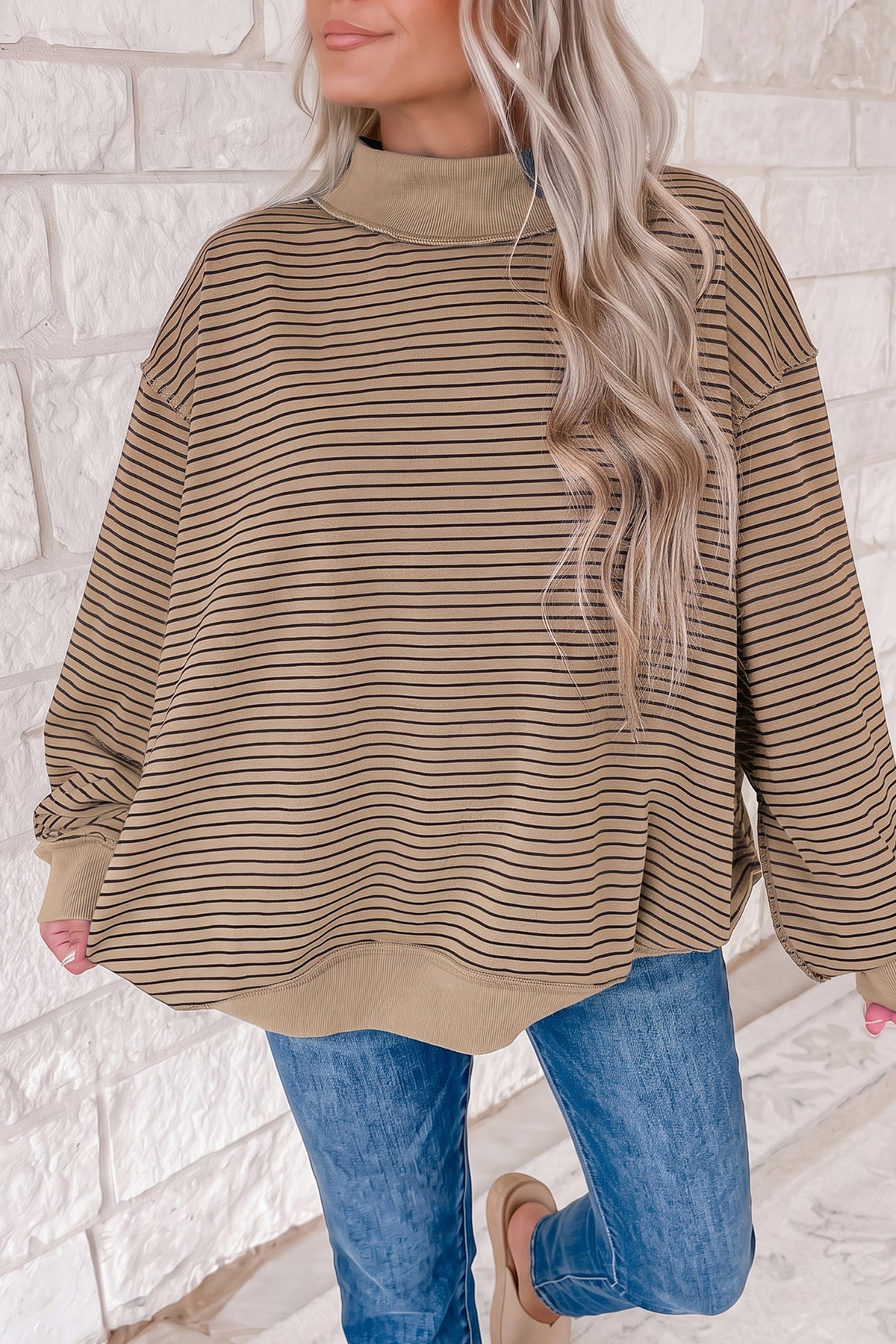Khaki Stripe Ribbed Mock Neck Oversized Sweatshirt