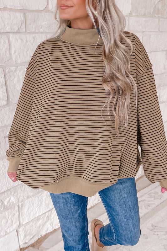 Khaki Stripe Ribbed Mock Neck Oversized Sweatshirt