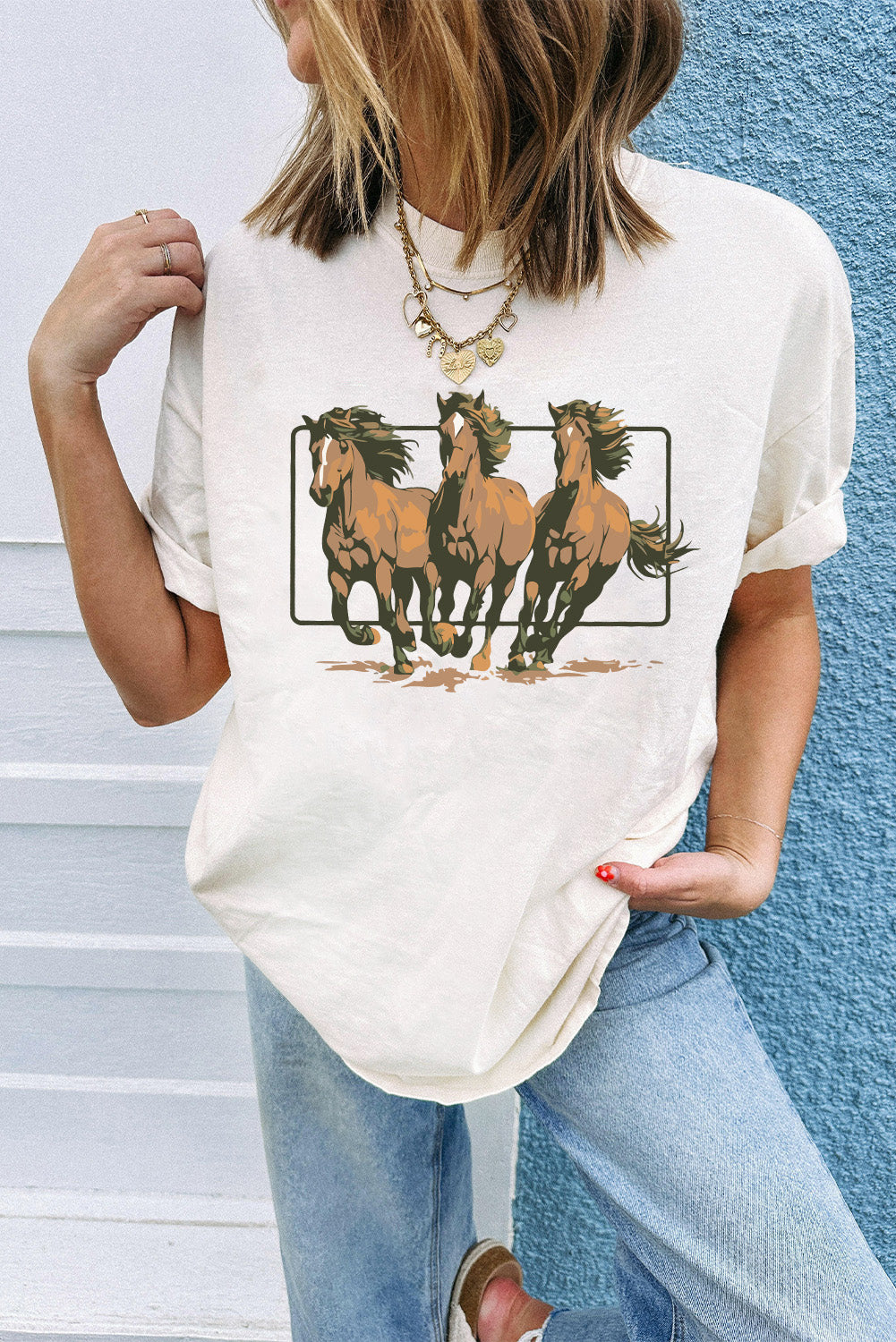 White Texas Horse Graphic Cuffed Sleeve Graphic T-Shirt