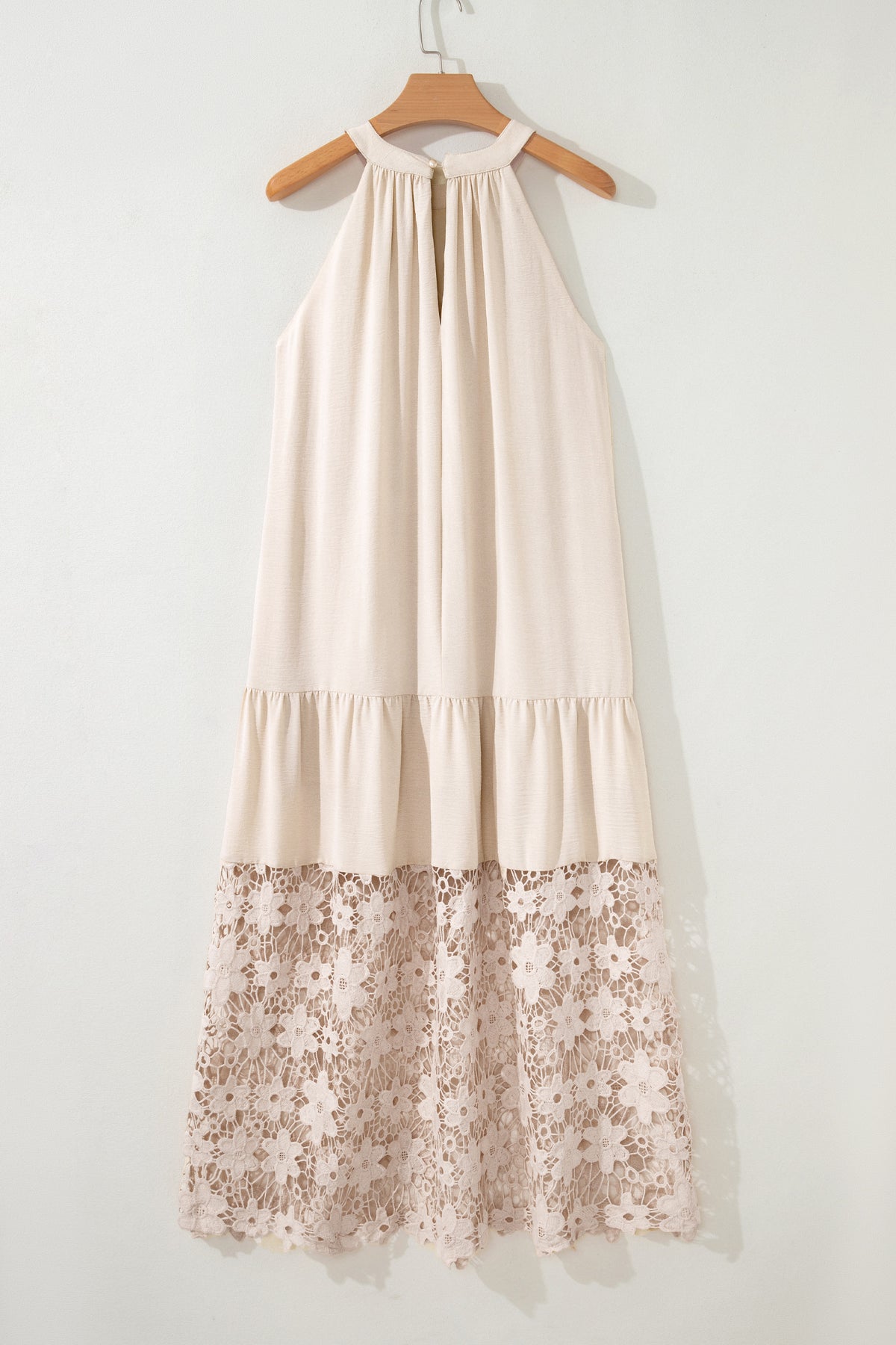 Beige Sheer Hollowed Floral Lace Hem Patchwork Halter Summer Dress
