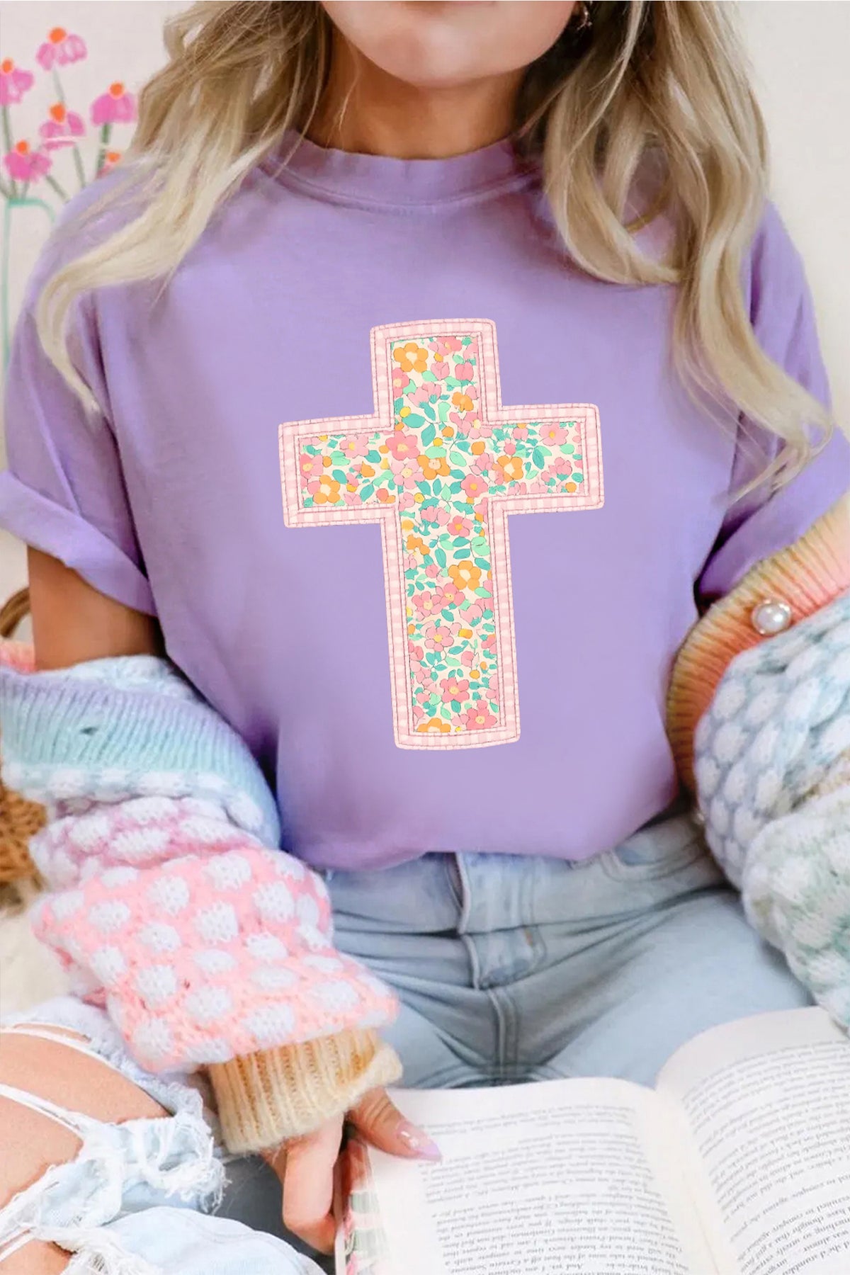 Wisteria Easter Floral Cross Christian Casual Tee