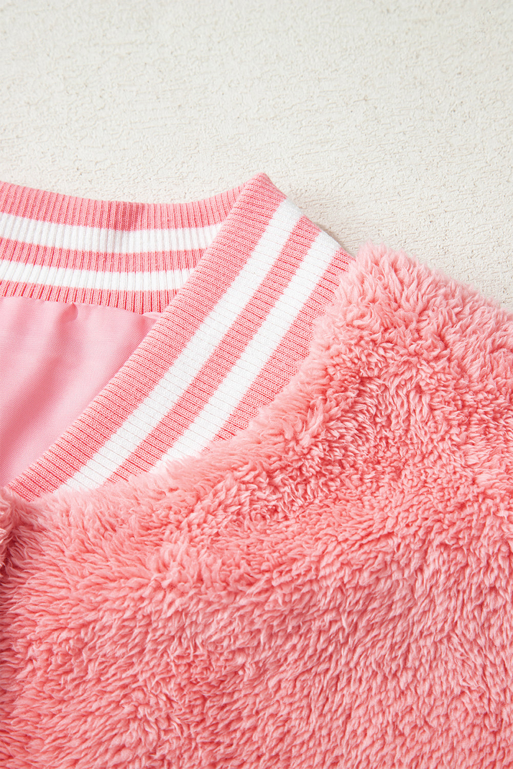 Gossamer Pink Varsity Striped Banding Patchwork Winter Plush Vest