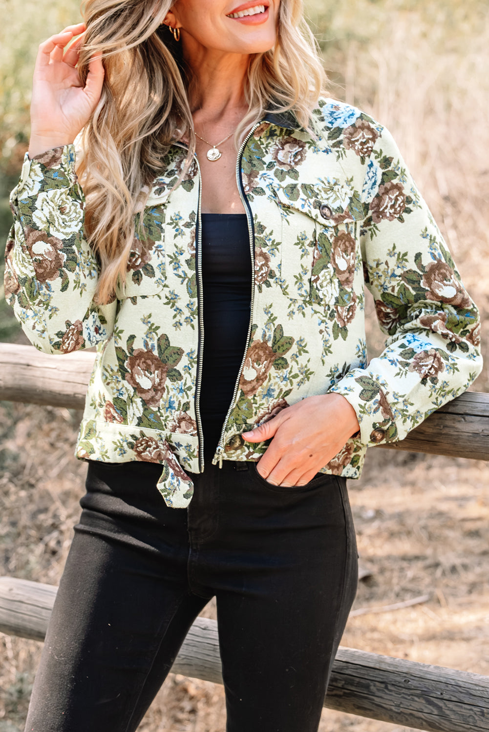 Khaki Floral Print Zip Up Contrast Collared Jacket