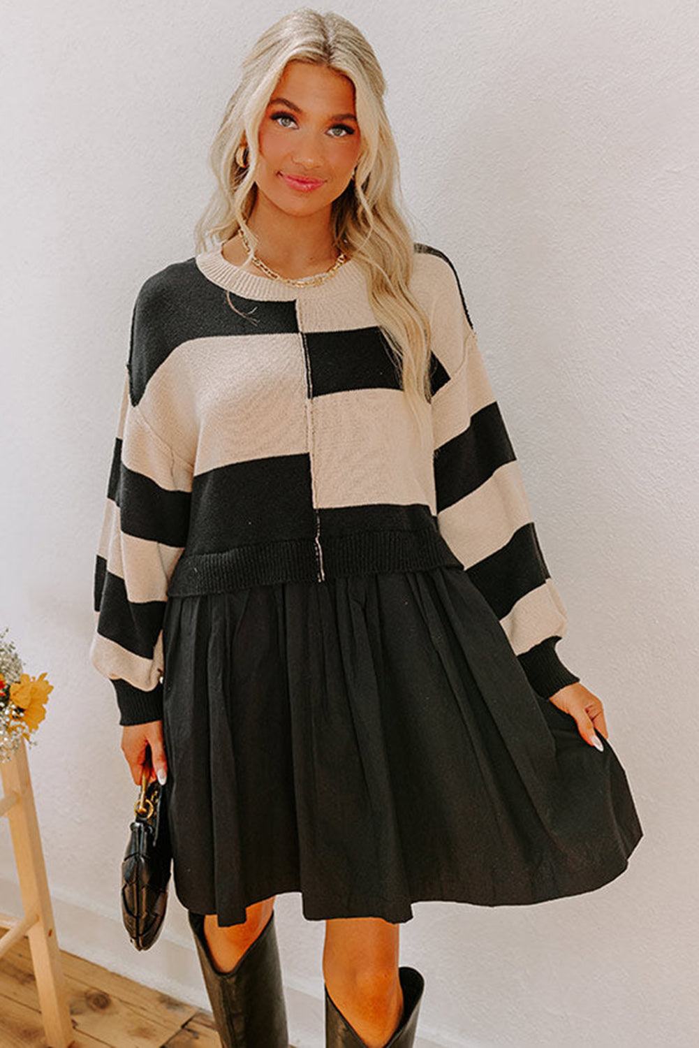 Black Stripe Two in One Knitted Top High Waist Splicing Hem Sweater Dress