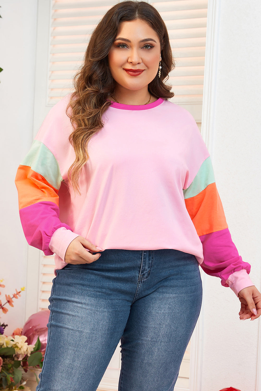 Pink Color-Block Patchwork Long-Sleeve Plus Size Top