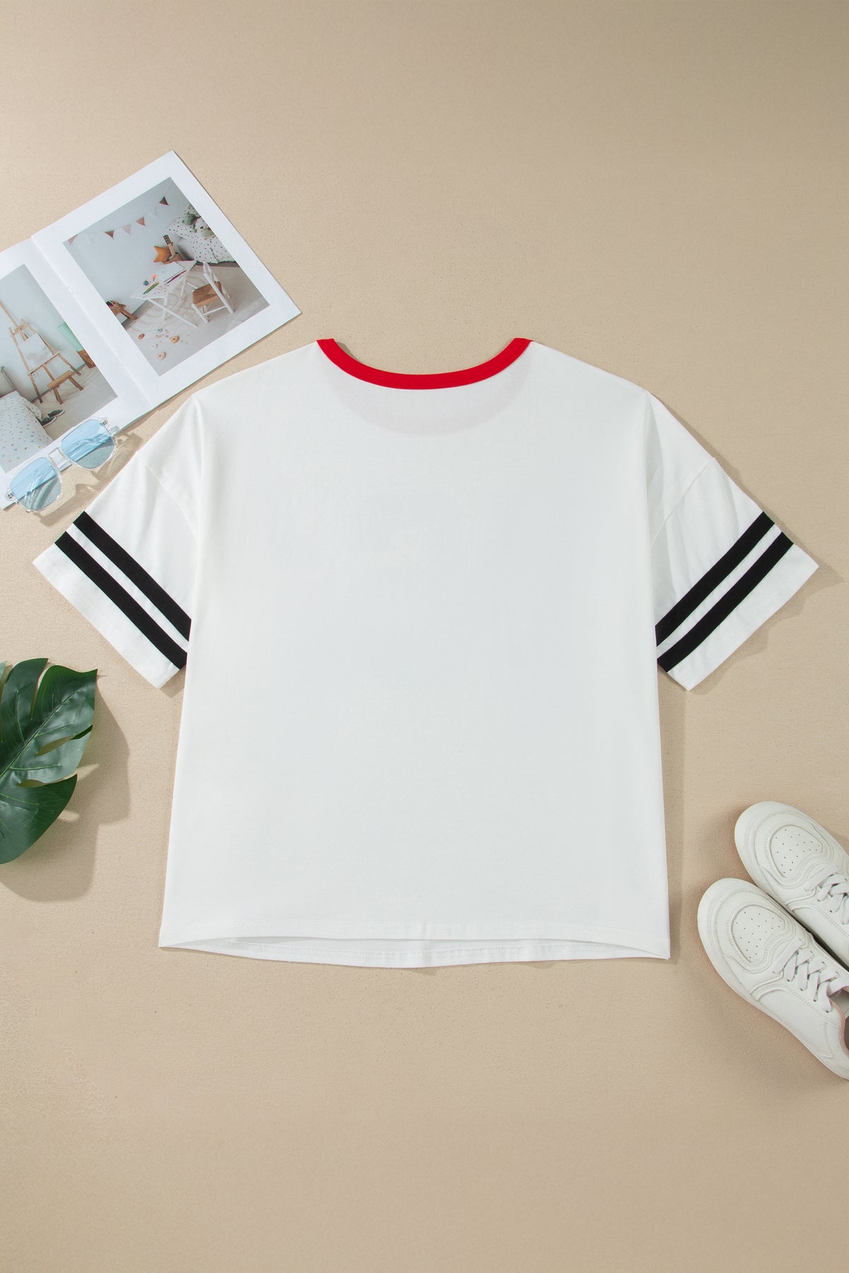 White Retro USA Striped Trim Short-Sleeve Plus Size Tee