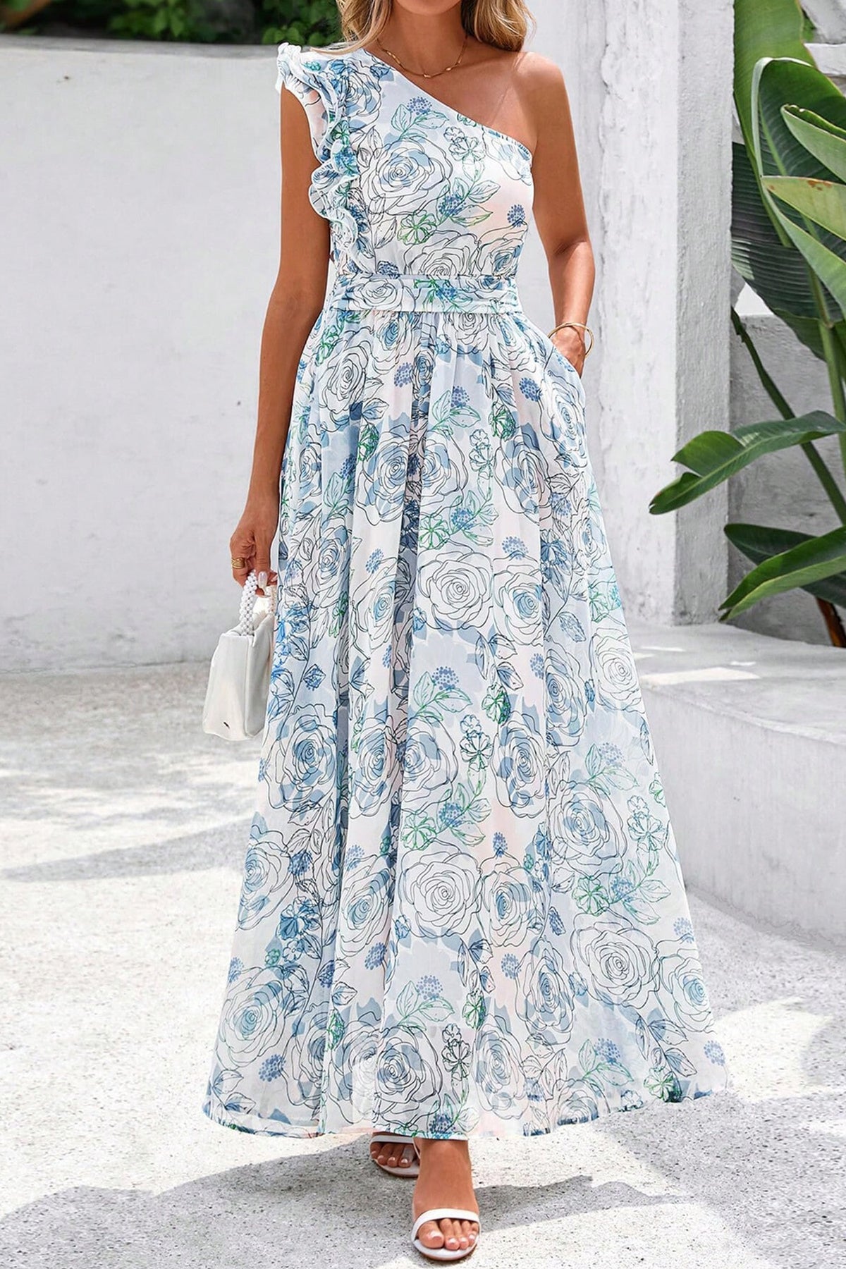 Blue Floral Ruffle One-Shoulder Maxi Dress