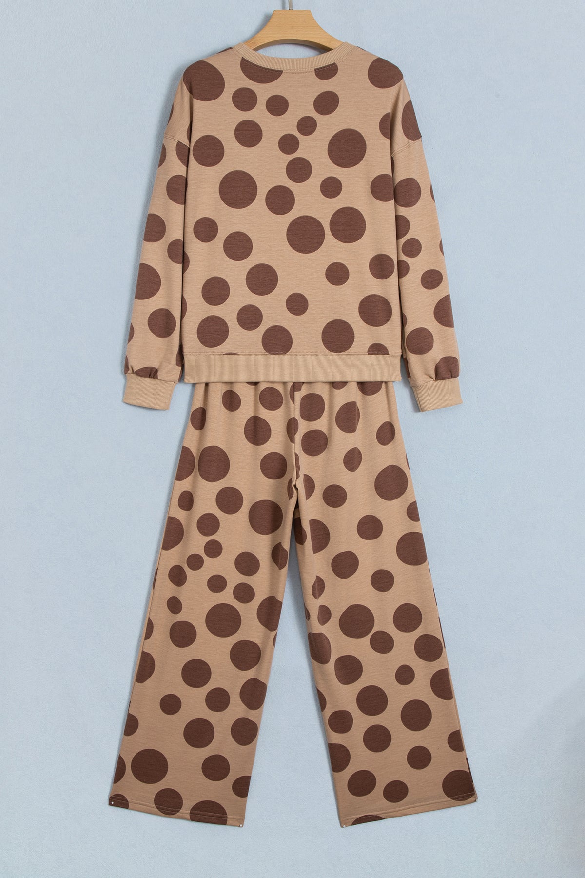 Women's Khaki Polka Dot Long-Sleeve Top Drawstring Relaxed Pants Set