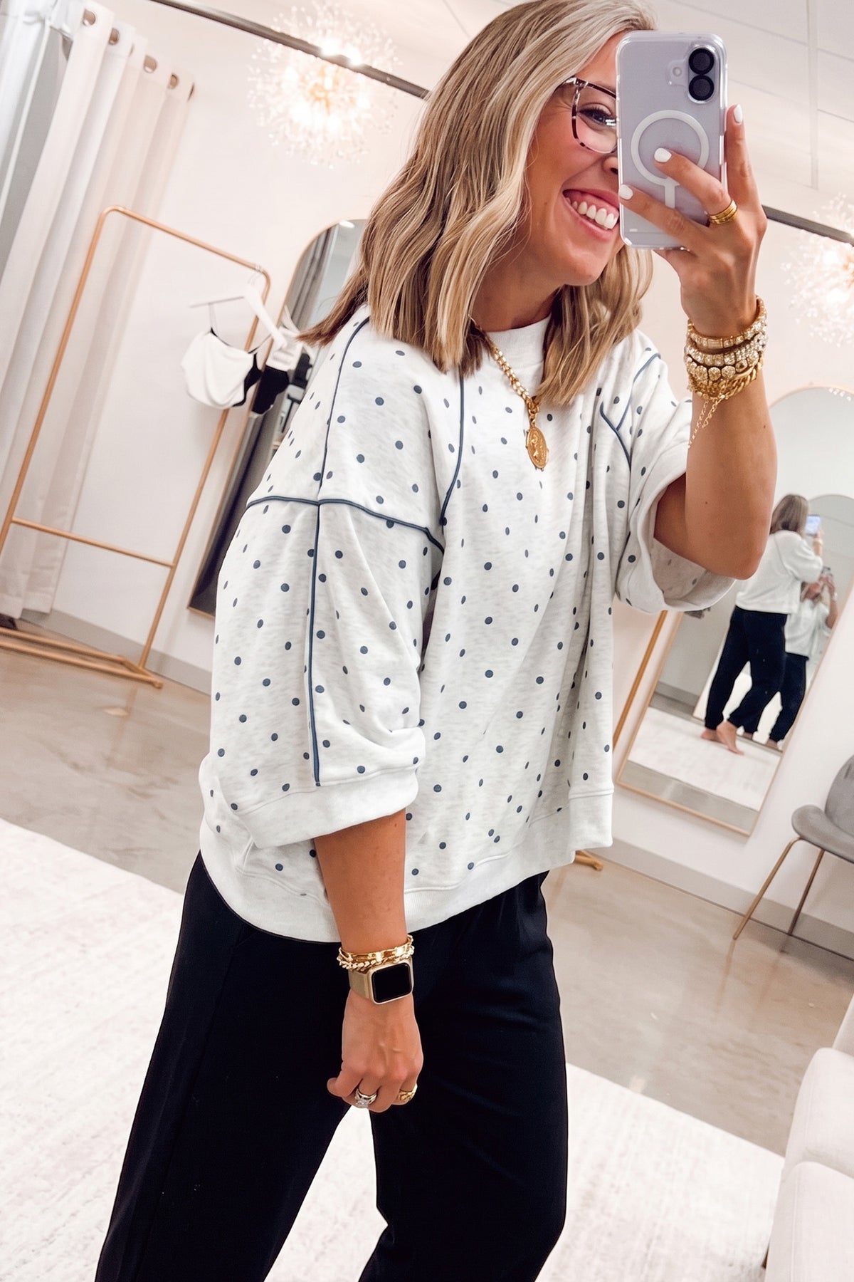 Gray Polka Dot Print Piping Trim 3/4 Sleeve Top