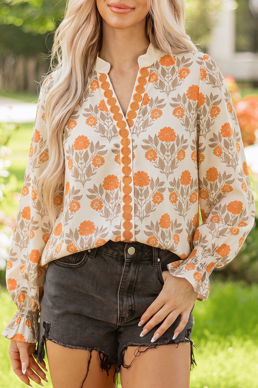 Orange Floral Print Contrast V Neck Blouse