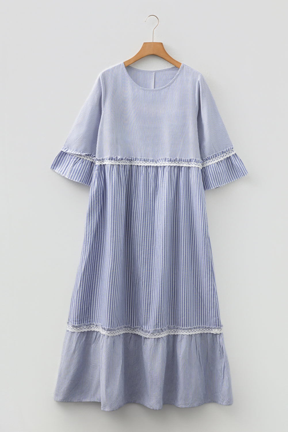 Sky Blue Stripe Patchwork Crossed Lace Bracelet Sleeve Maxi Dress