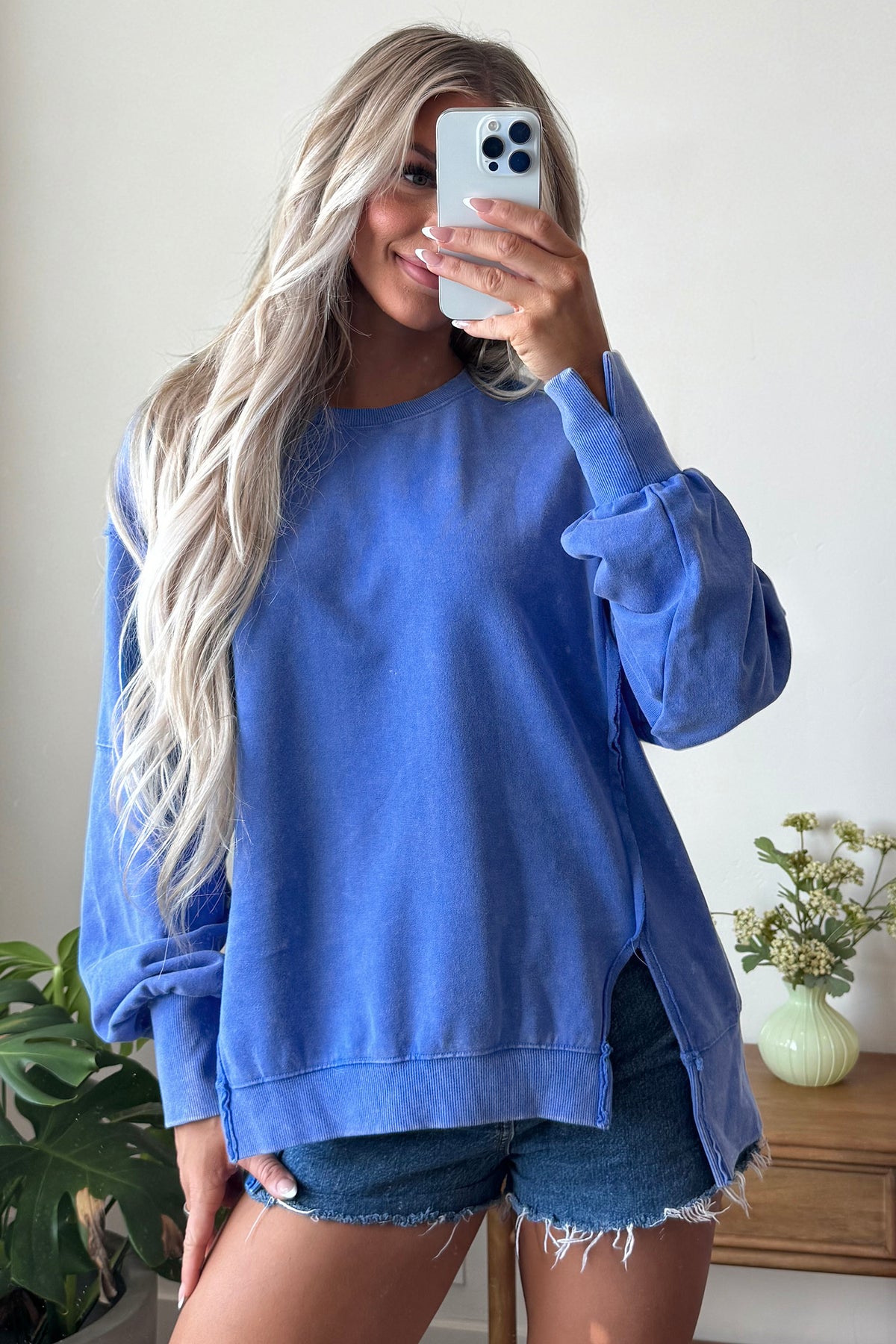 Sky Blue Mineral Wash Split Hem Tunic Sweatshirt