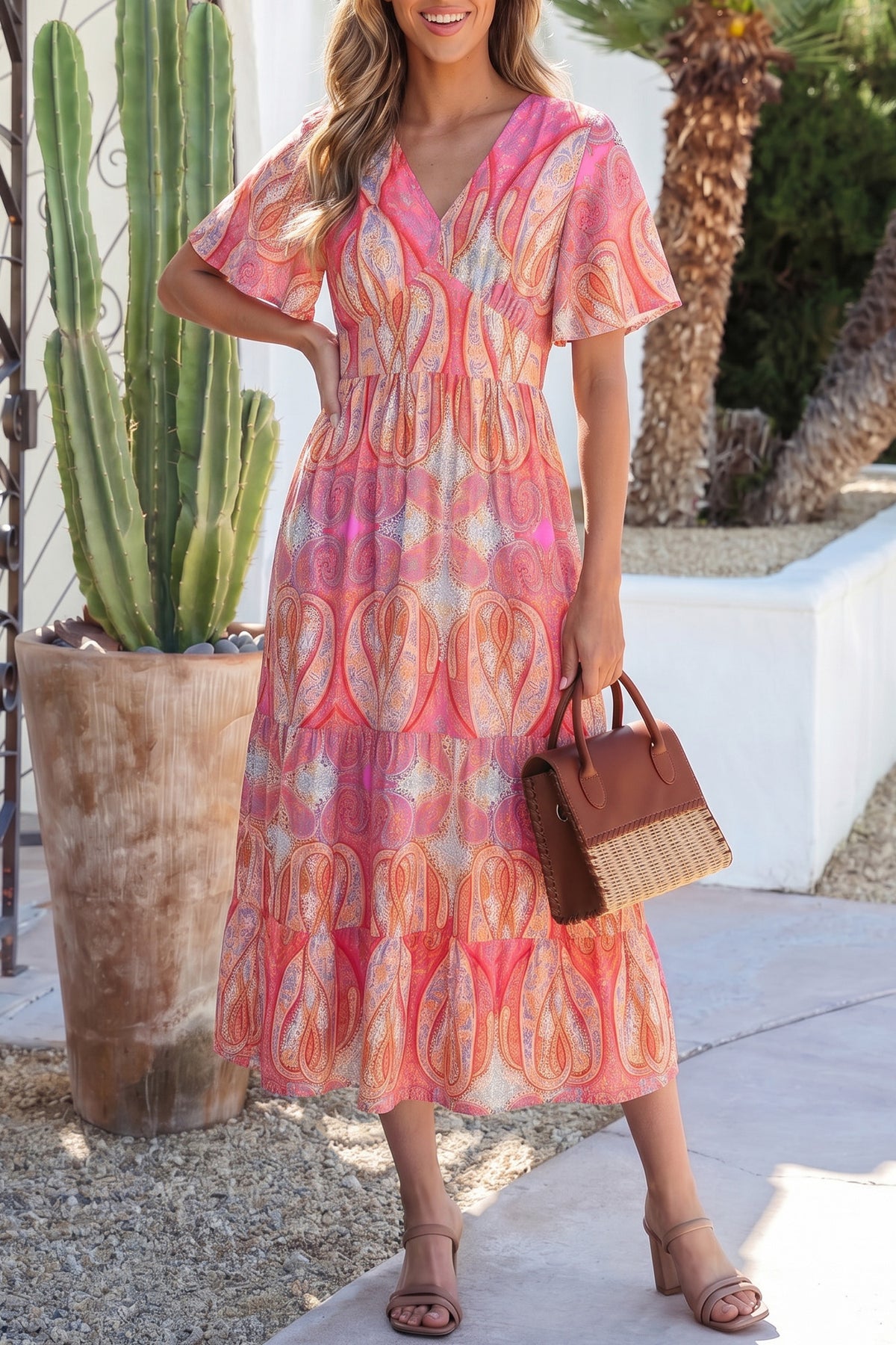 Multicolour Paisley Ruffle V-Neck Maxi Dress