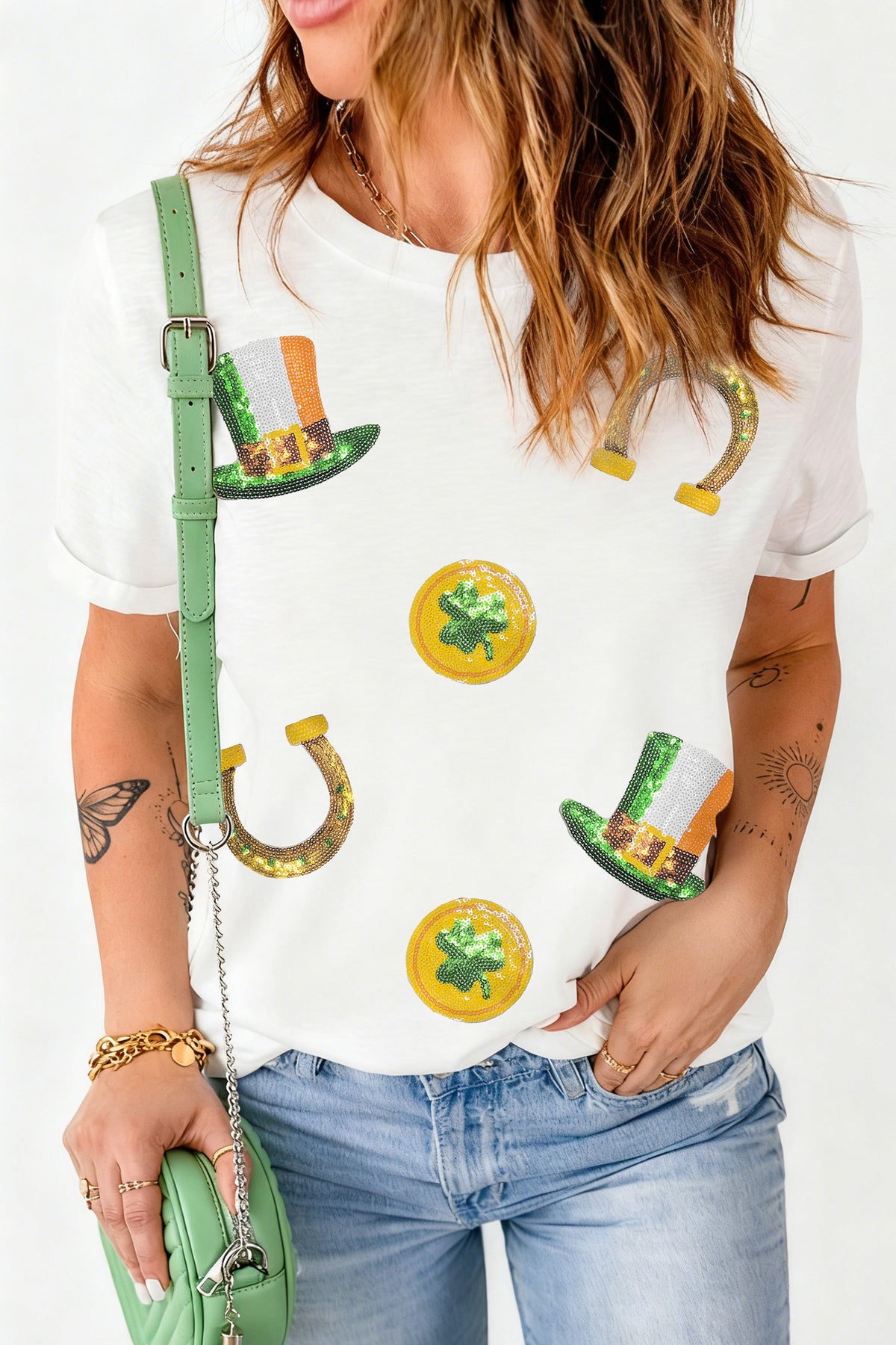 White St Patricks Day Sequin Graphic Casual T-Shirt