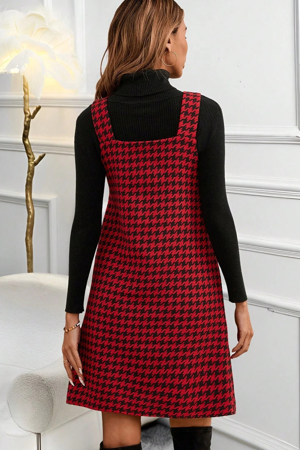 Red Houndstooth Print V Neck Sleeveless Mini Dress