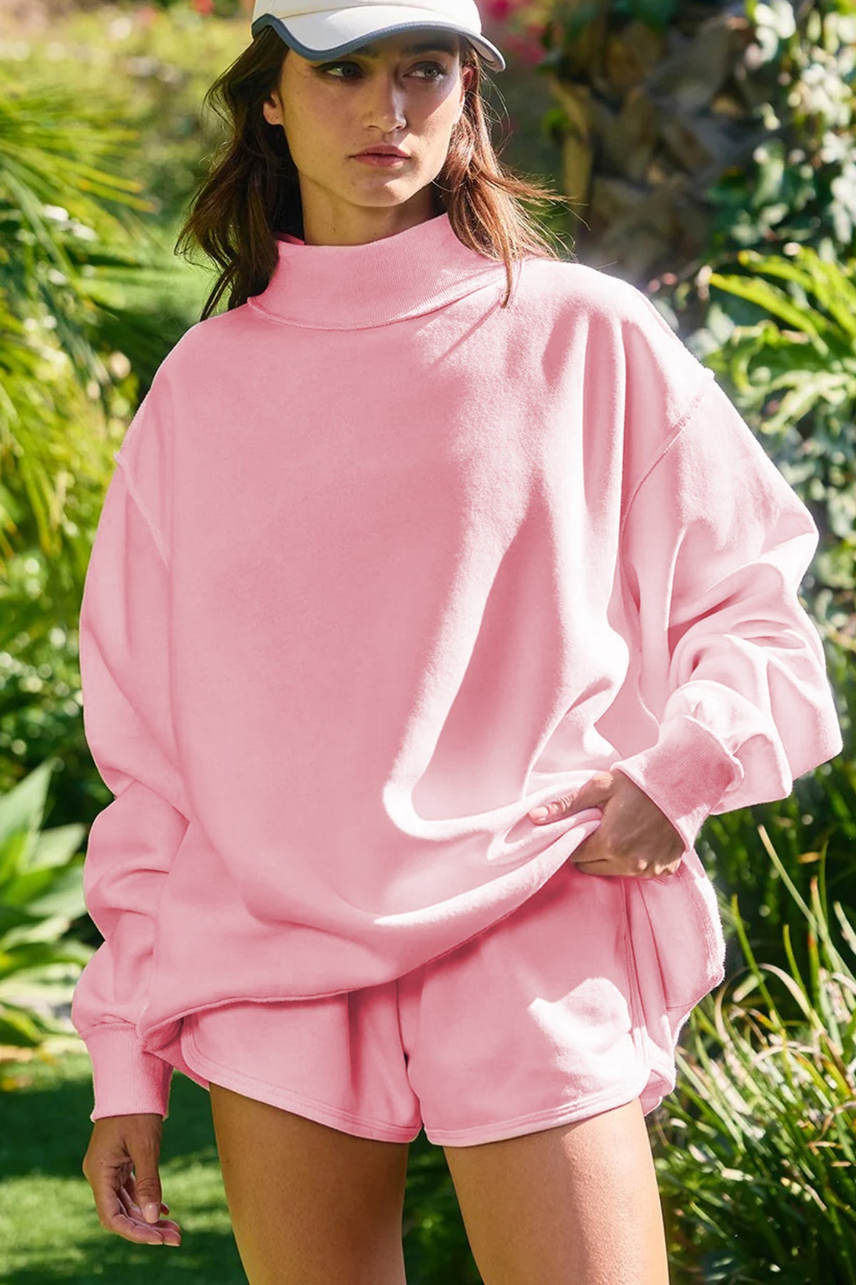Women's Light Pink High-Neck Exposed Seam Drop Shoulder Baggy Pullover Shorts Set