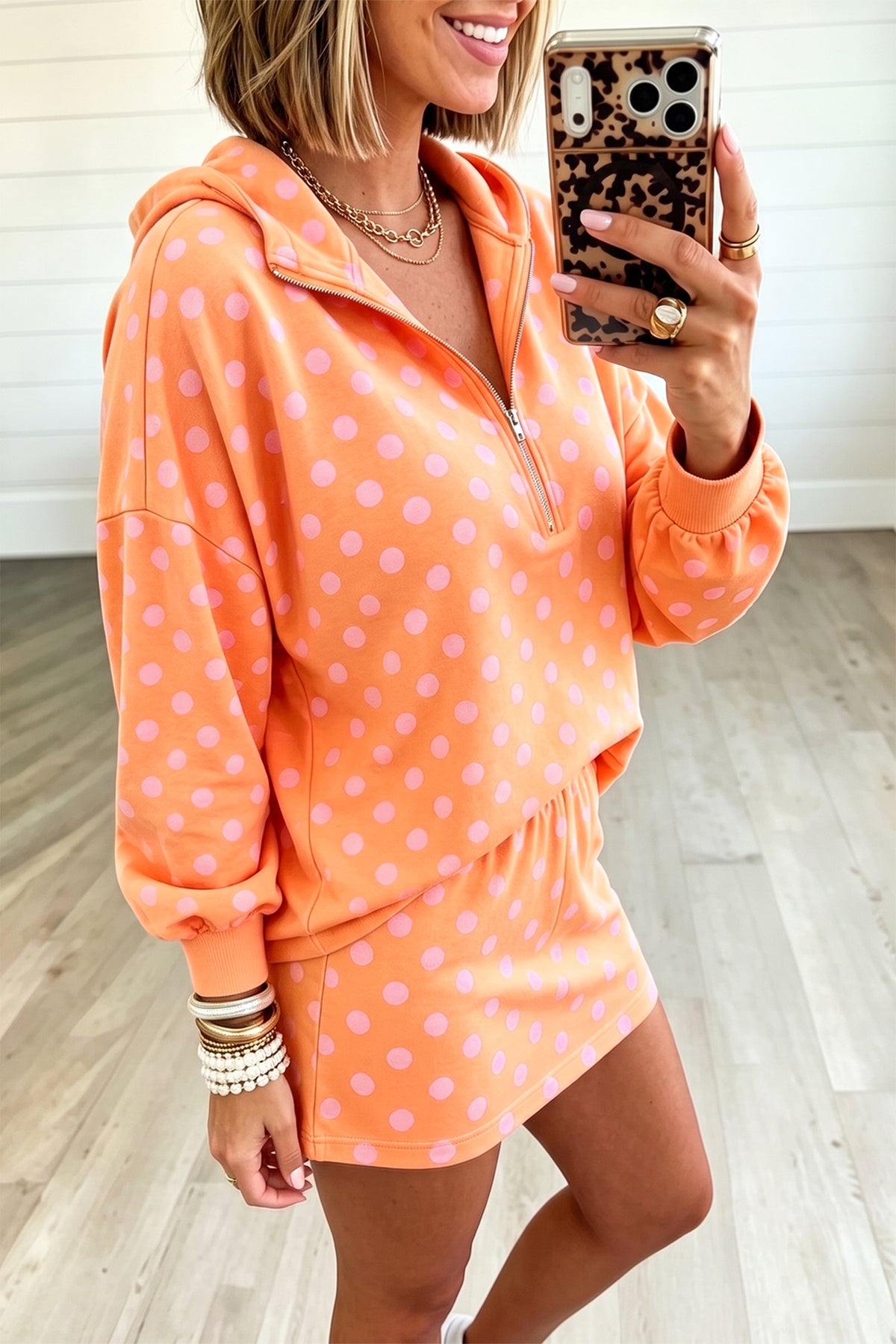 Women's Pink Polka Dot Hooded Long-Sleeve Top Casual Mini Skort Set