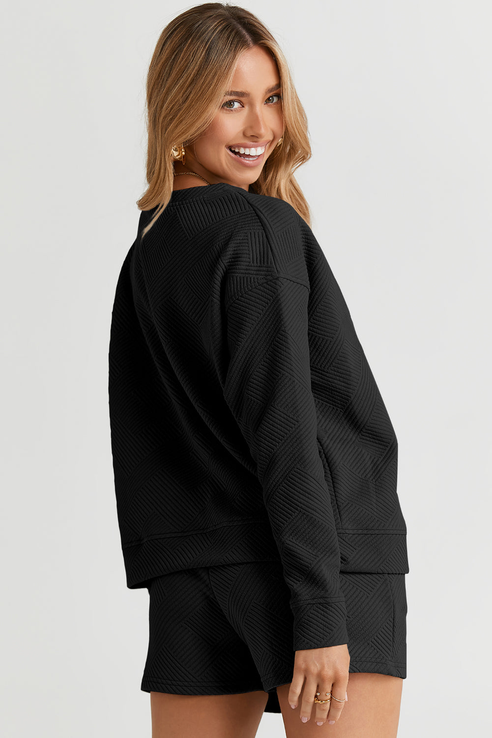 Women's Black Textured Long-Sleeve Top & Shorts Set