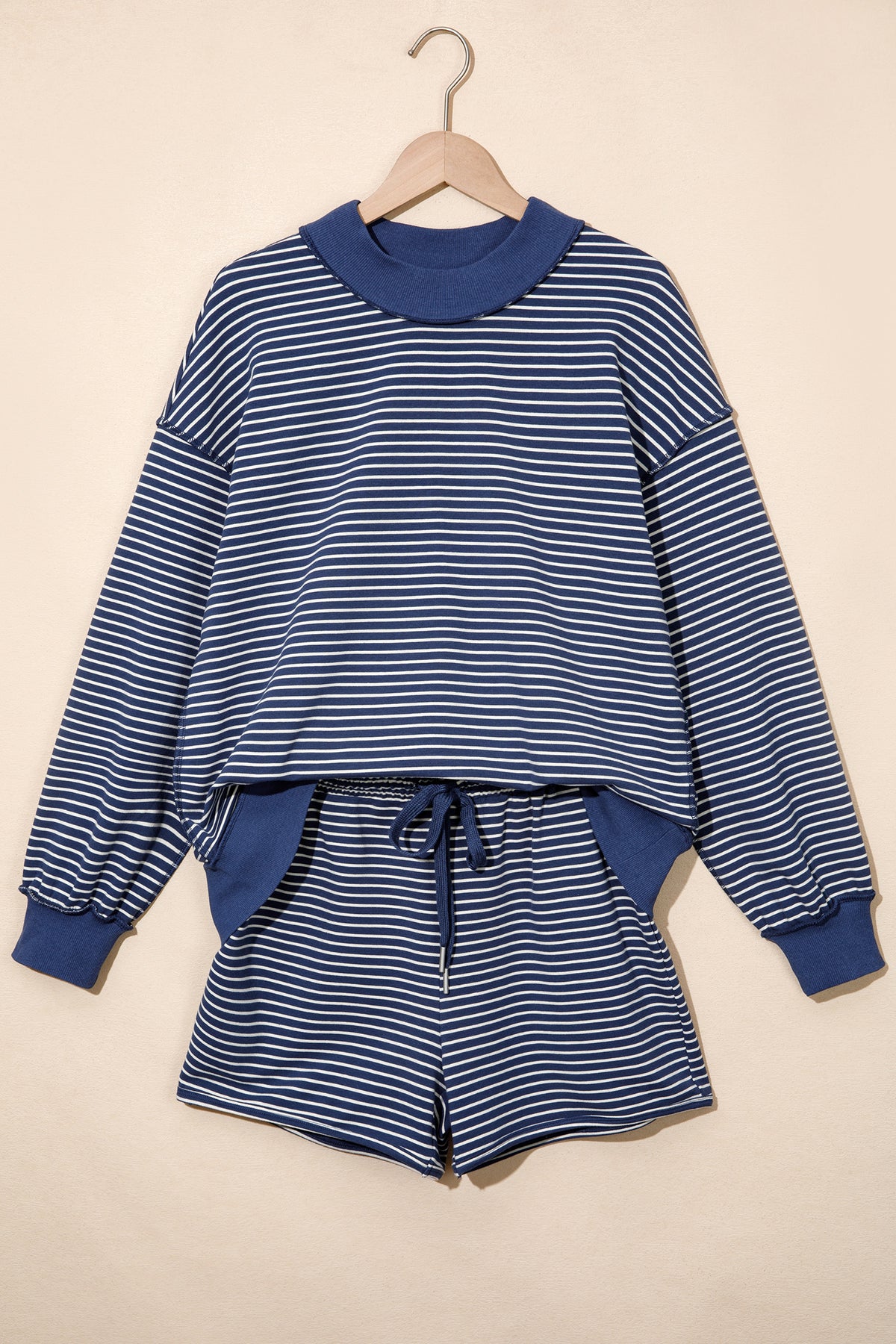 Women's Pink Stripe Ribbed Patchwork Mock Neck Baggy Pullover Matching Shorts Set