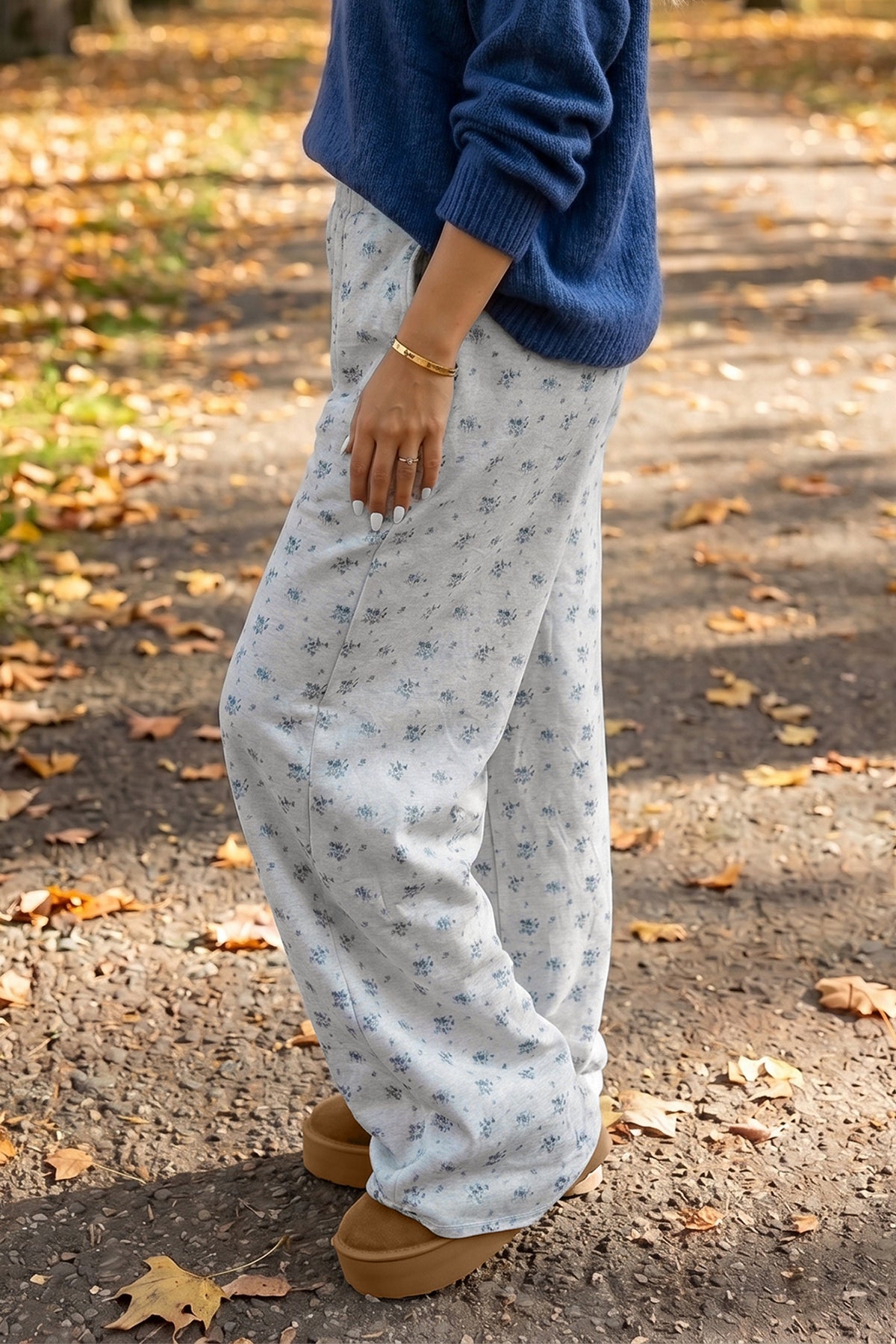 Gray Floral Print Elastic Waist Full-Length Regular Pants