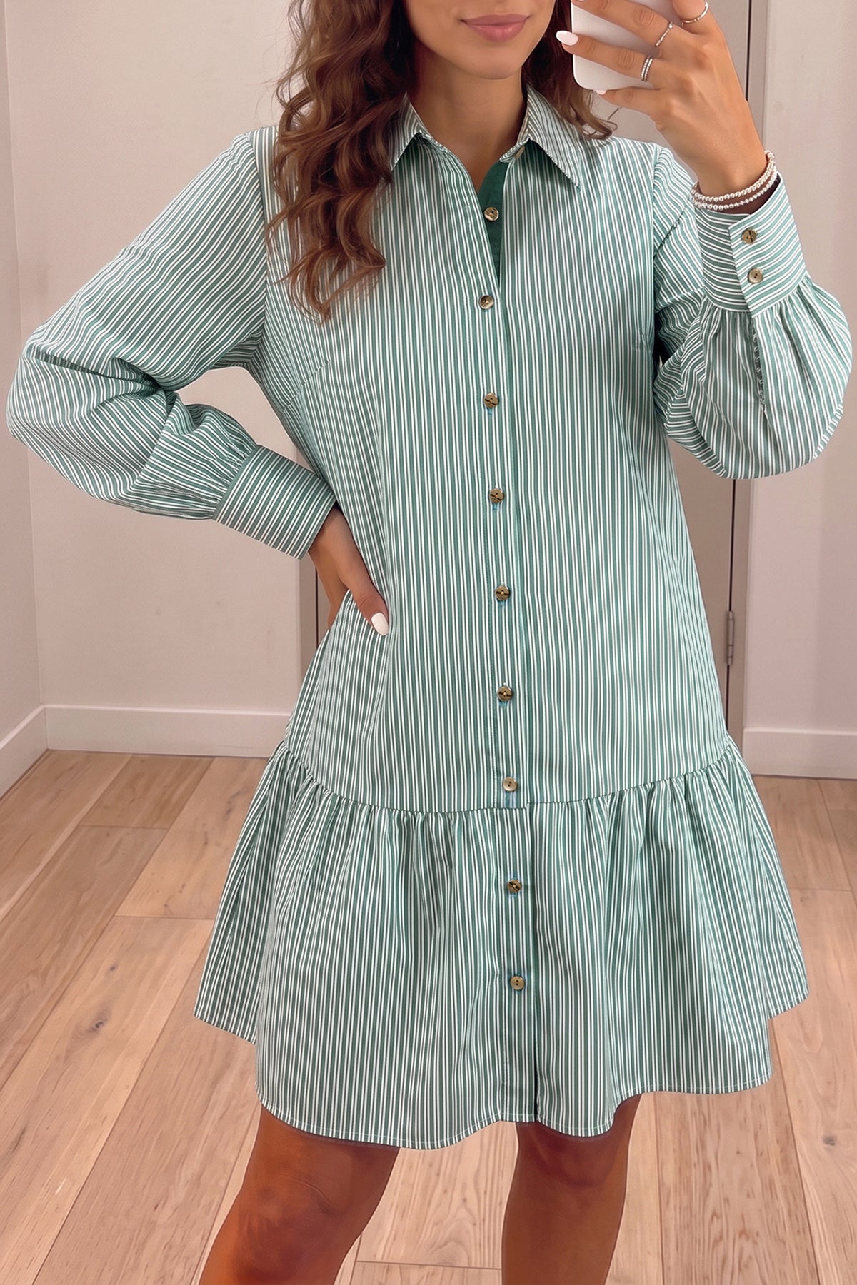 Green Stripe Shift Long Sleeve Dress