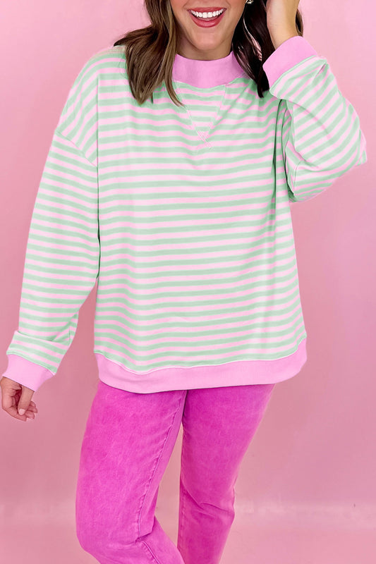 Green Stripe Striped Stand Neck Sweatshirt