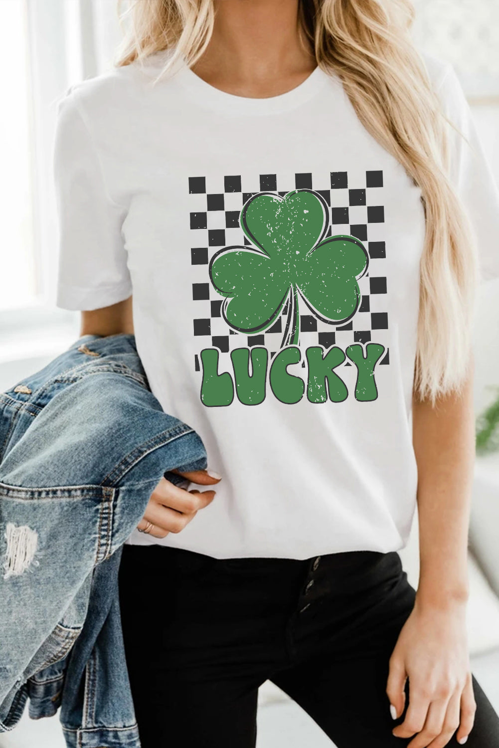 White Checker LUCKY Clover Printed St Patricks T-Shirt