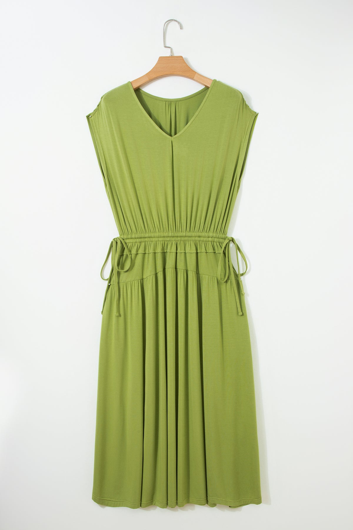 Fern Green Solid V Neck Cap Sleeve Tunic Elastic Waist Maxi Dress