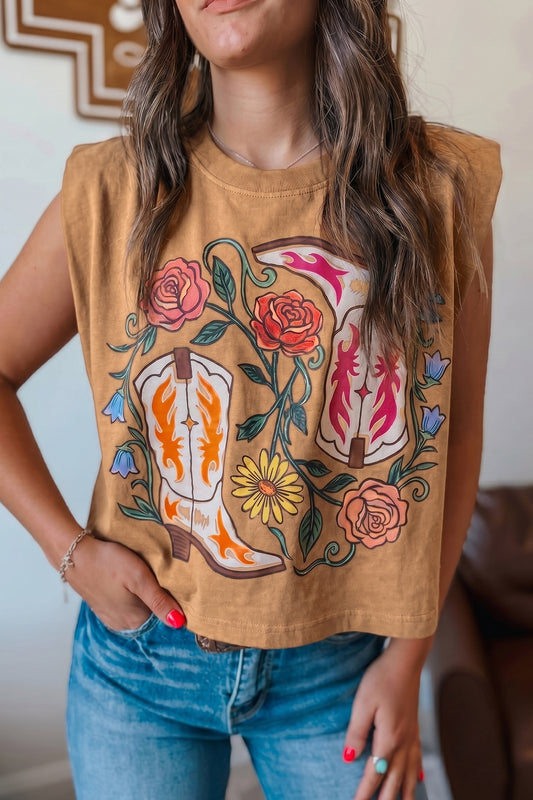 Camel Western Boots Flower Printed Sleeveless Tank Top