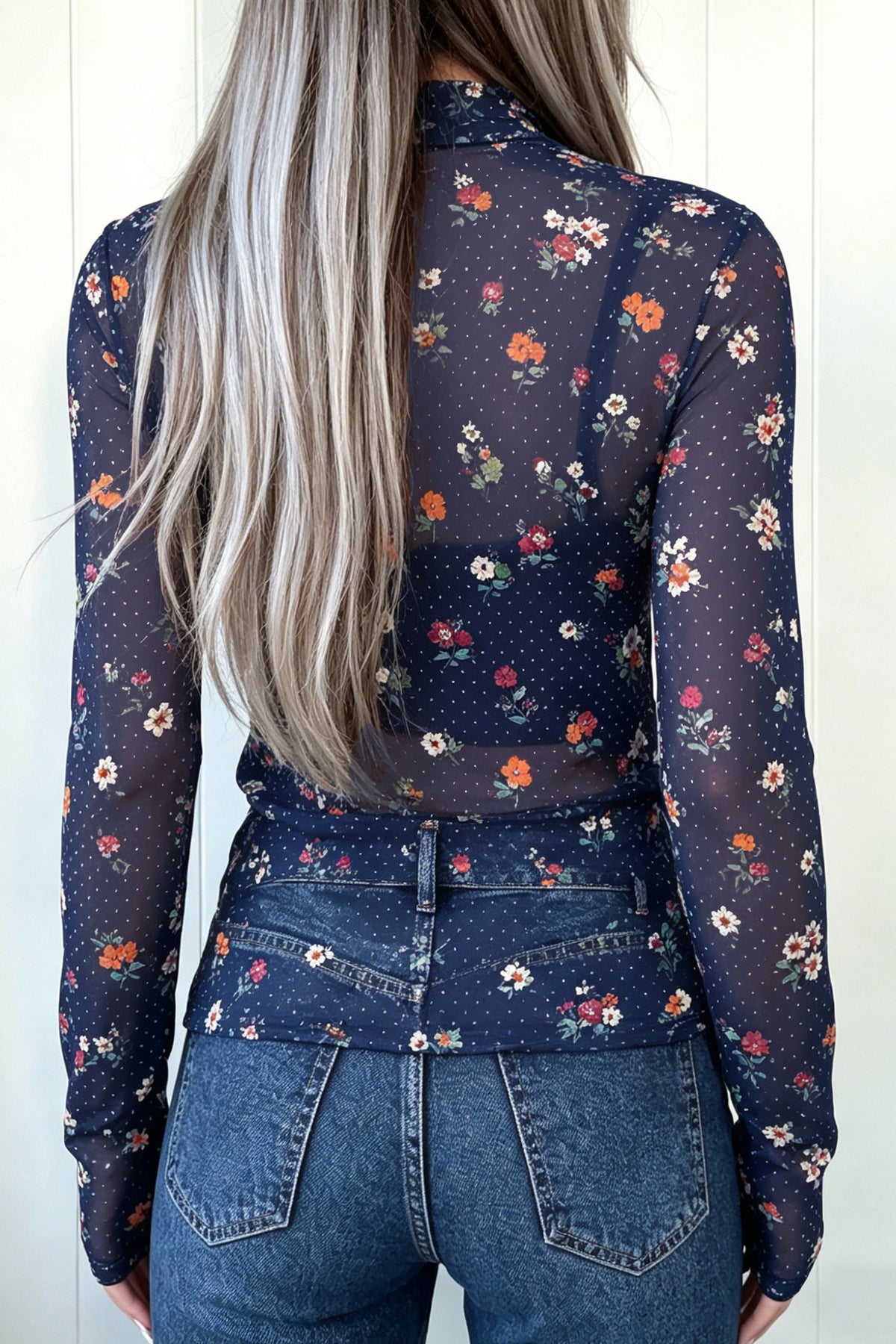 Blue Polka Dot Floral Mesh High Neck Sheath Top