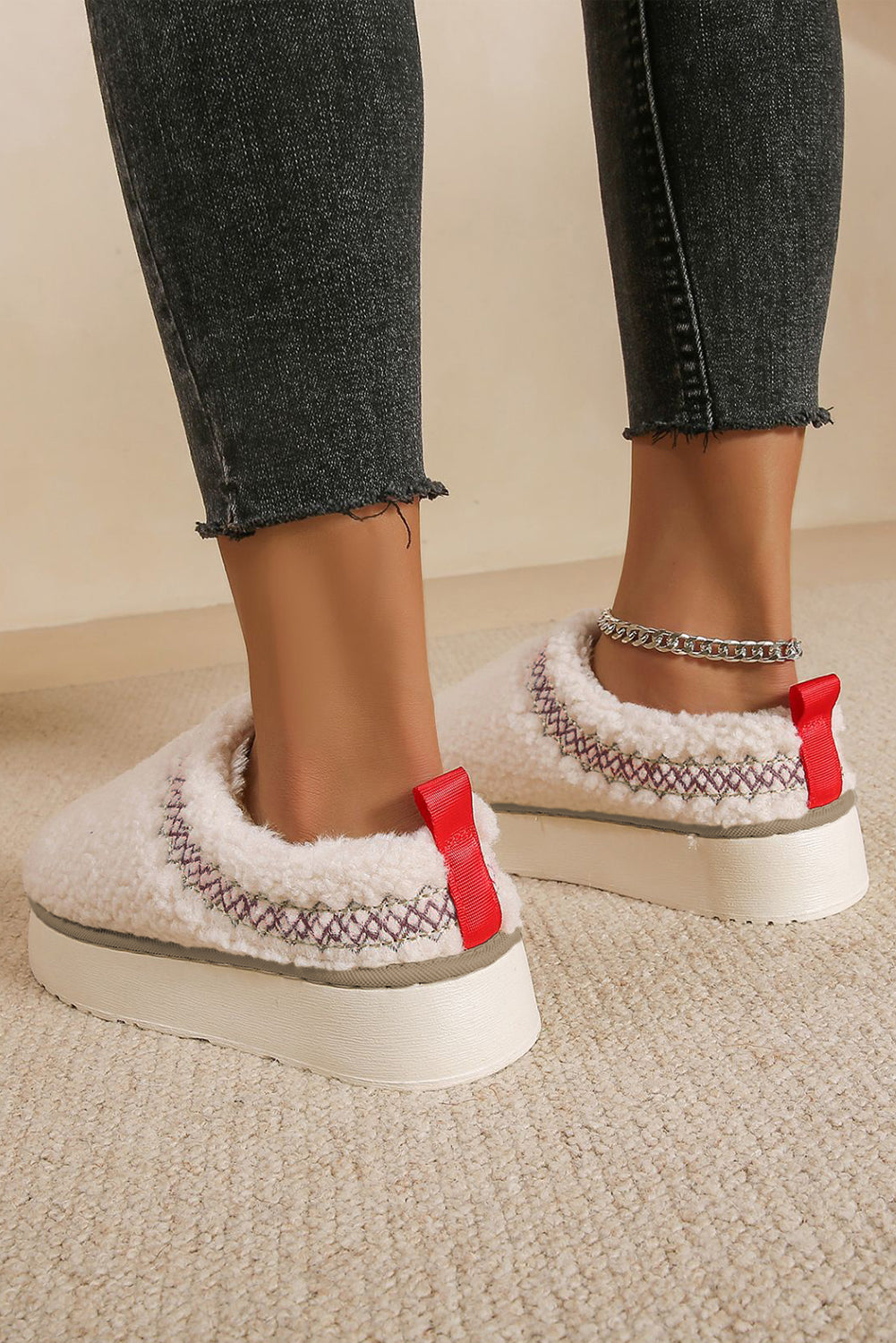 Oatmeal Soft Plush Embroidered Flat Platform Slippers