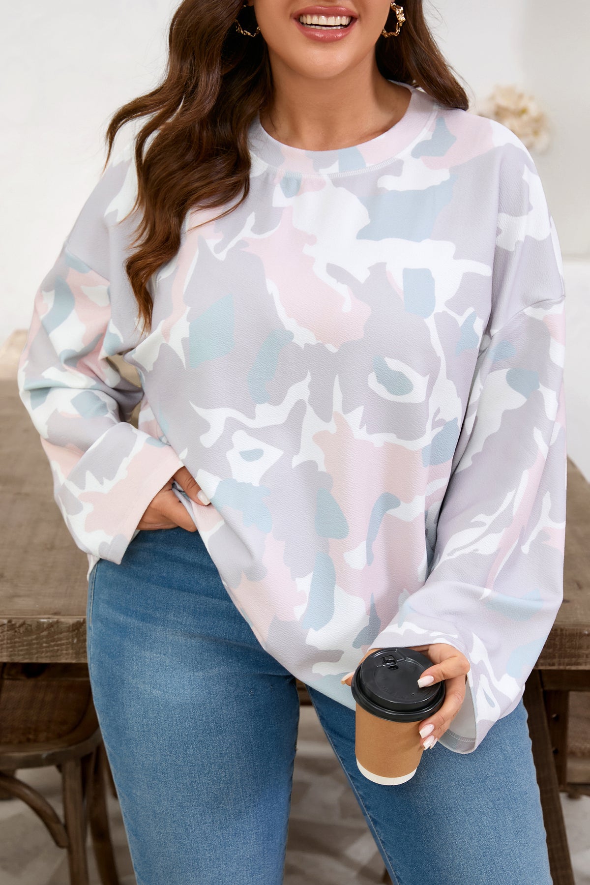 Green Plus Size Camouflage Print Drop-Shoulder Loose Pullover Top