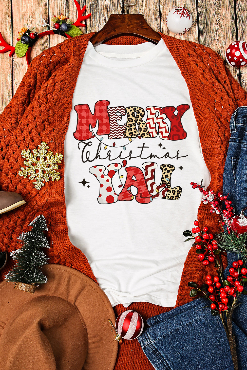 White MERRY Christmas YAll Graphic Crewneck T-Shirt