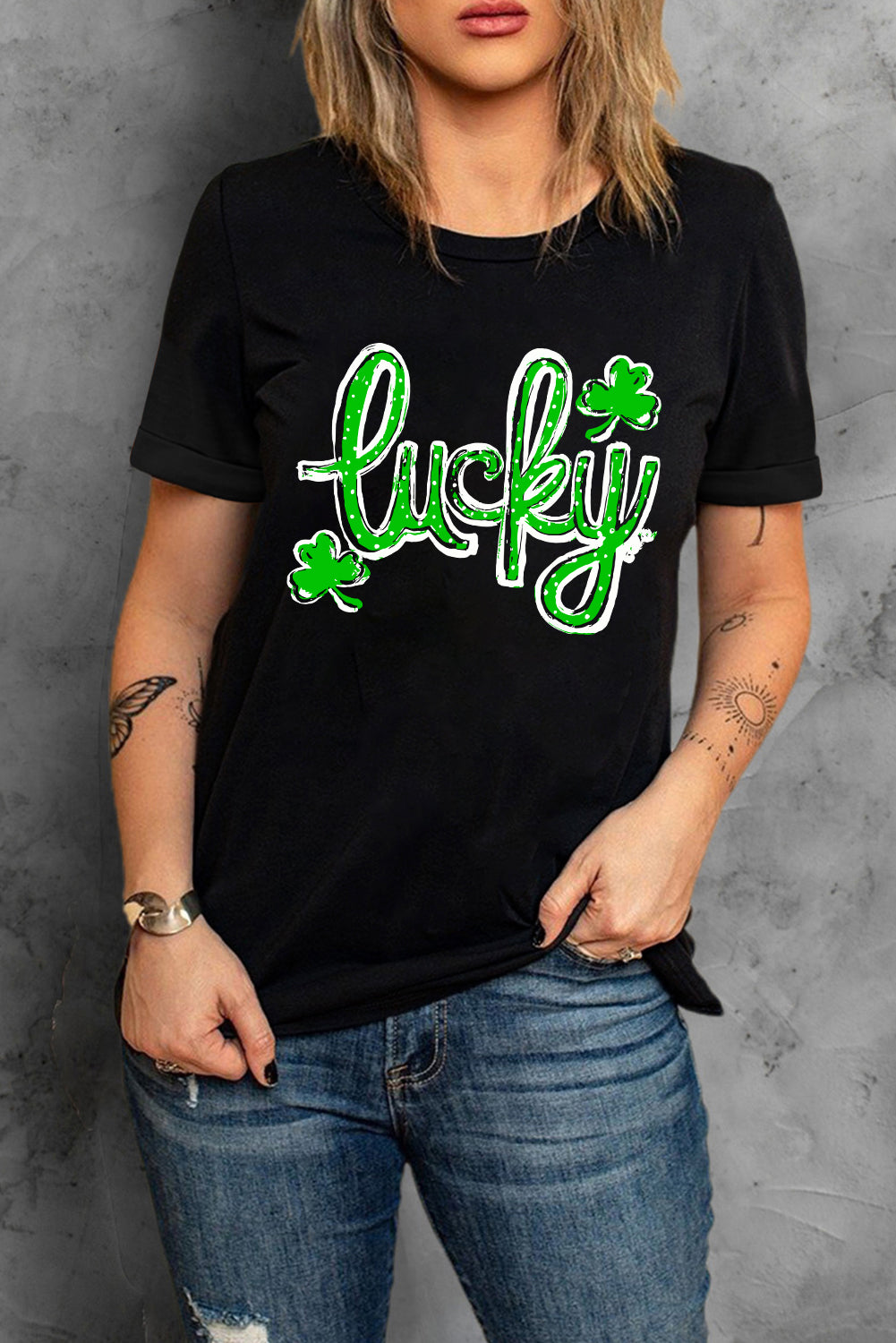 Black St. Patricks Lucky Clover Print O Neck T-Shirt