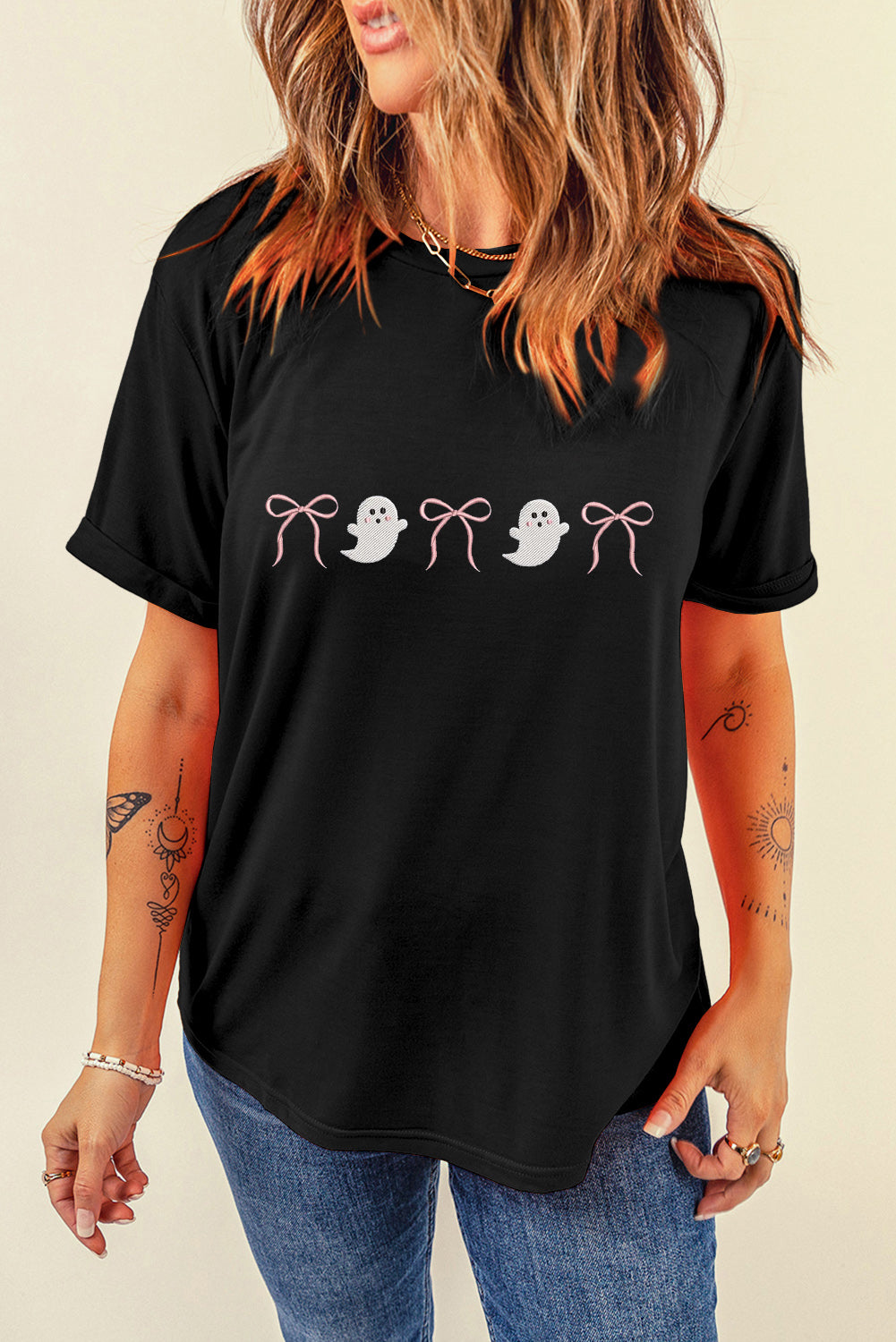 Black Halloween Ghost Bow Embroidered Loose T-Shirt