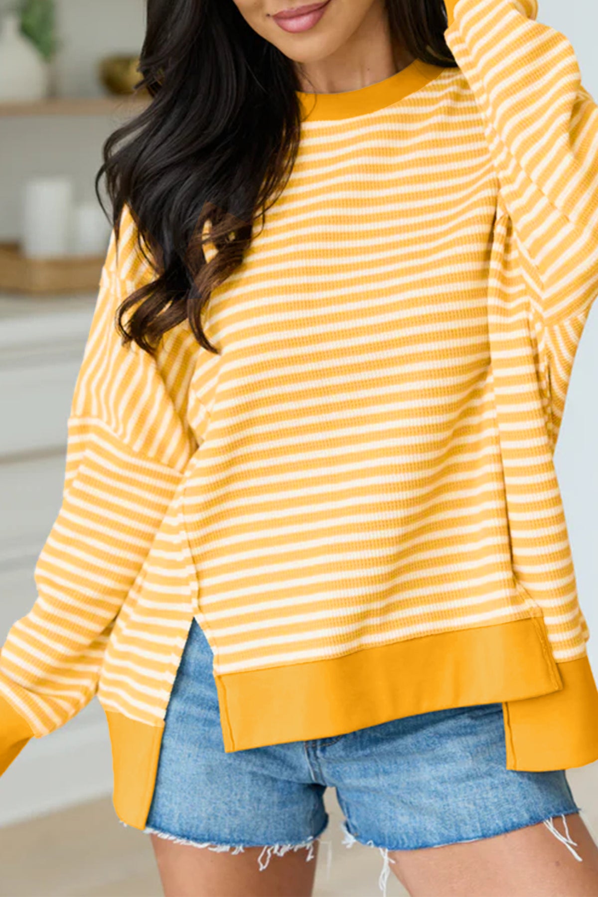 Pink Stripe Textured Knit Color Block Trim Top