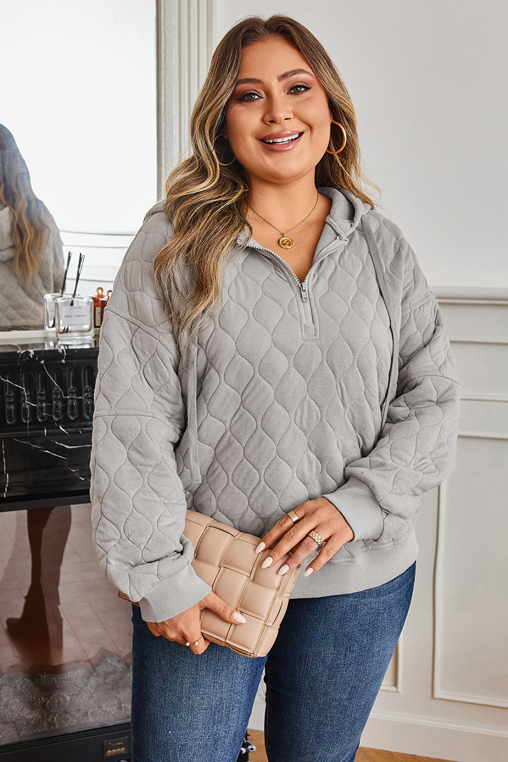 Women's Gray Quilted Quarter Zip Plus Size Hoodie Set