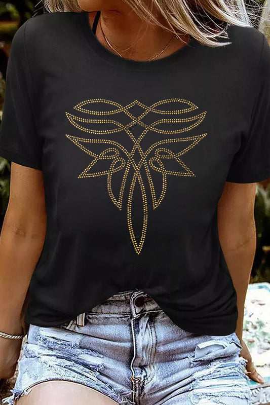 Black Rhinestone Western Pattern Cotton Blend Graphic T-Shirt