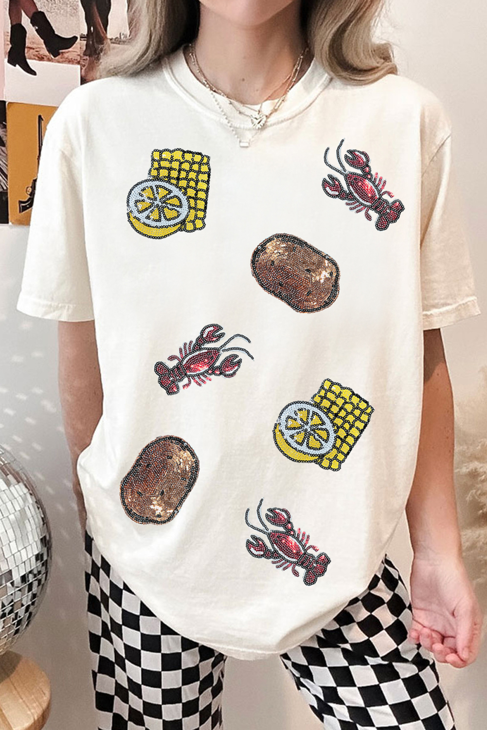 White Sequin Crawfish Potato Lemon Corn Graphic Crewneck T-Shirt