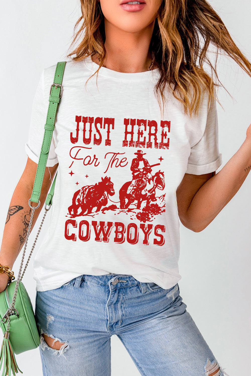 White JUST HERE For THE COWBOY Cuffed Sleeve Crew Neck T-Shirt