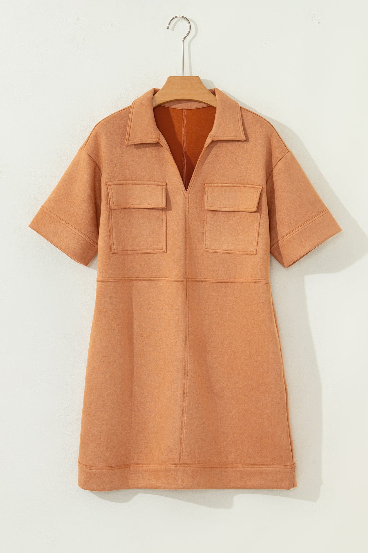 Thai Curry V Neck Faux Suede Short Sleeve Shift Mini Dress