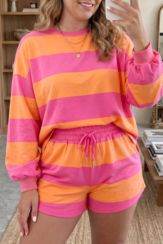 Pink Stripe Plus Size Horizontal Color-Block Long-Sleeve Top Drawstring Shorts Set