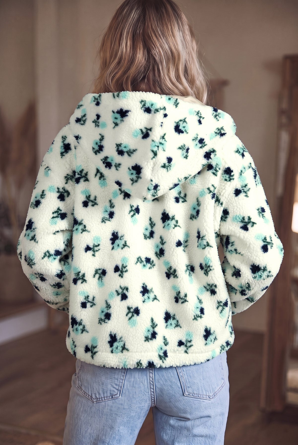 White Floral Faux Fur Hooded Zip Jacket