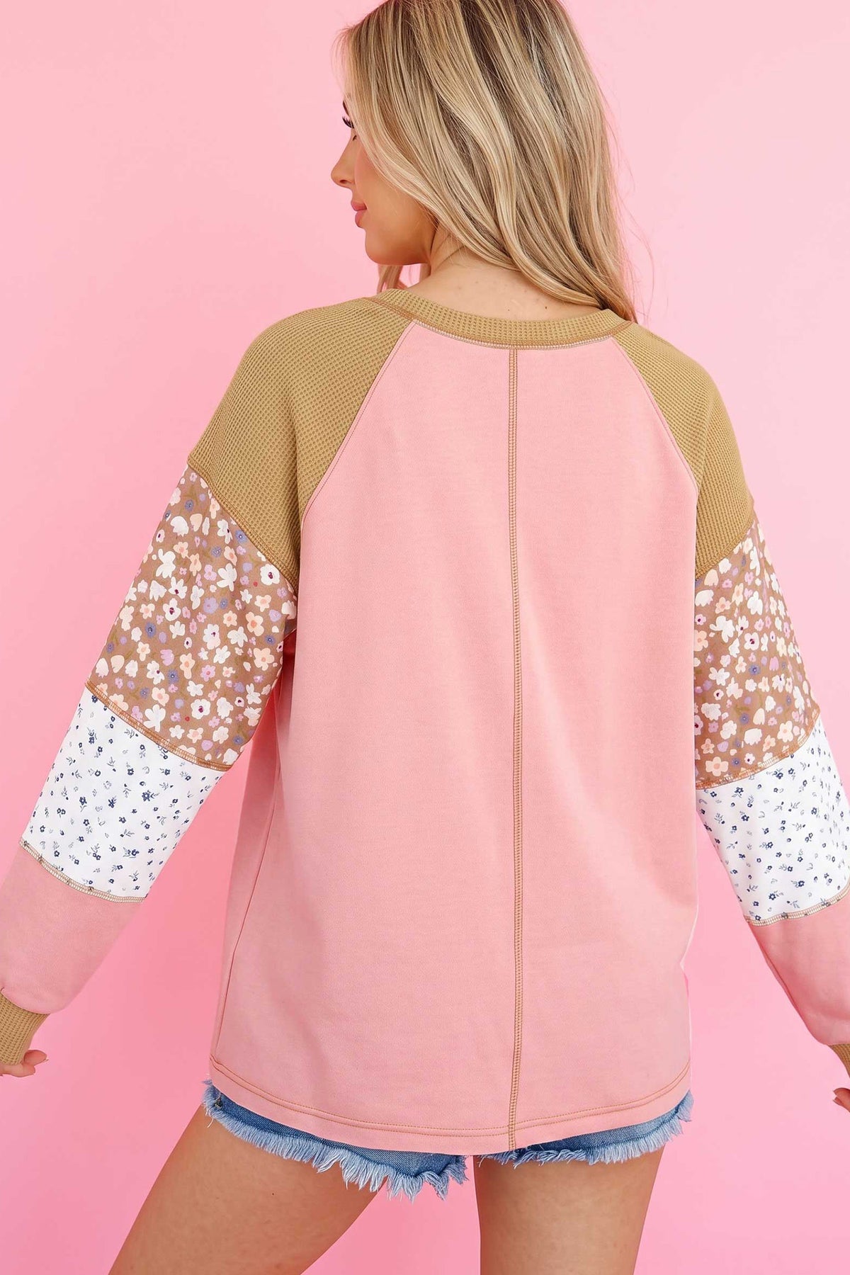 Apricot Pink Color Block Floral Waffle Mixed Patchwork Top
