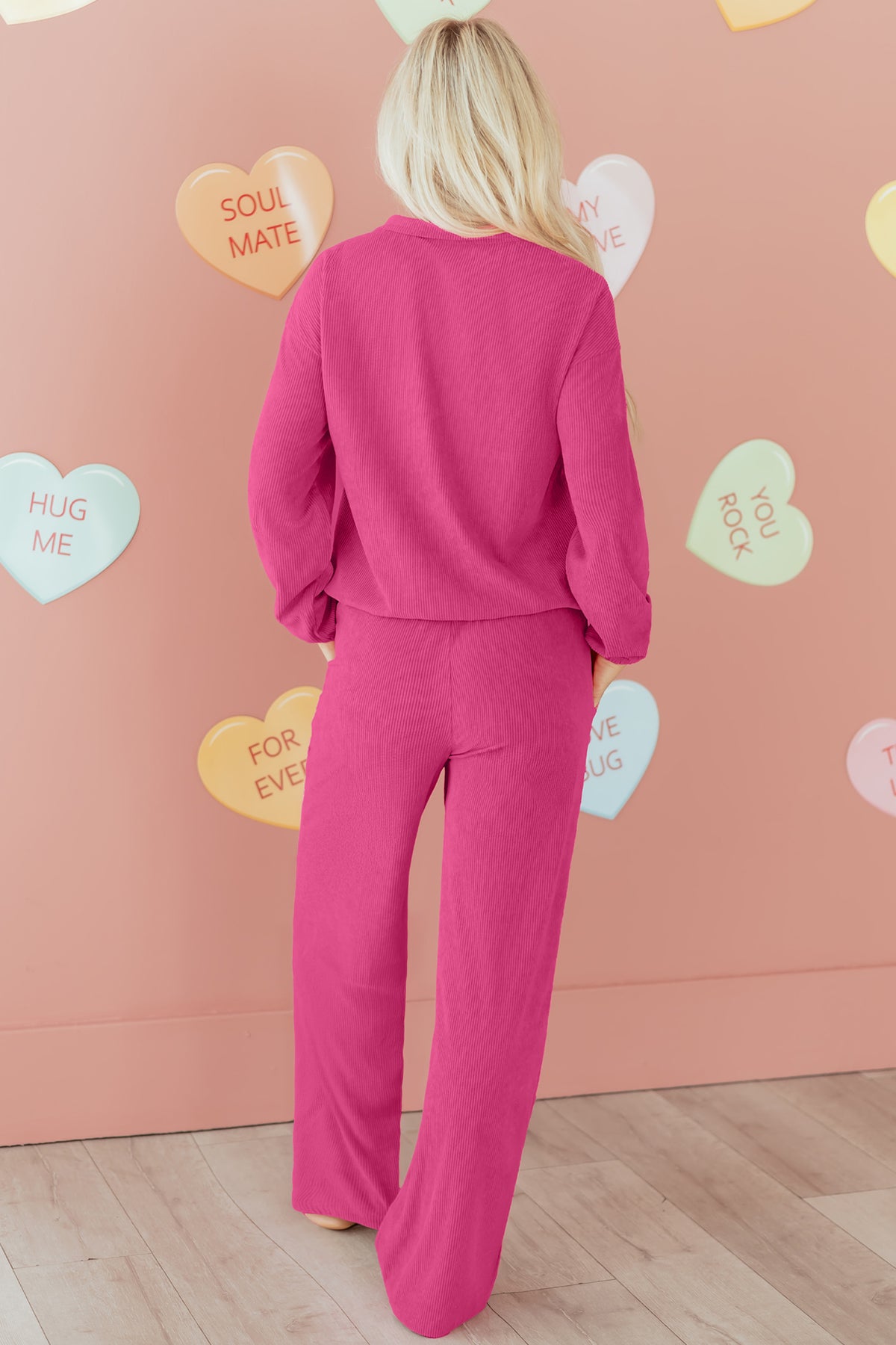 Women's Peach Blossom Half Button Pullover Pants Corduroy Two-Piece Outfit Set