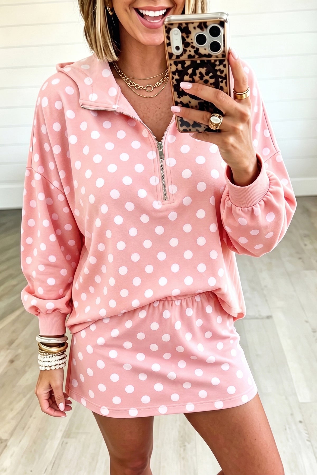 Women's Pink Polka Dot Hooded Long-Sleeve Top Casual Mini Skort Set