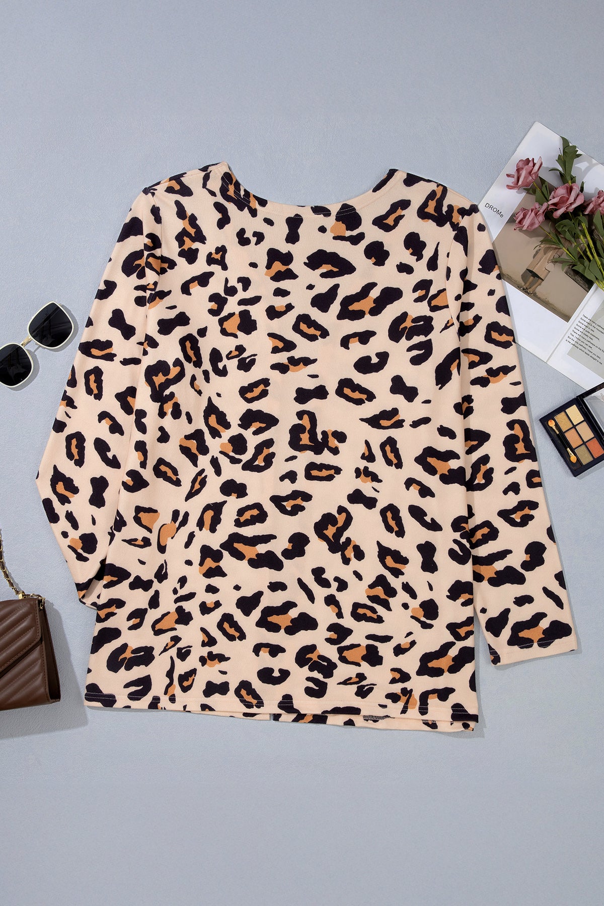 Khaki Leopard Print Long-Sleeve V-Neck Tunic Plus Size Cardigan