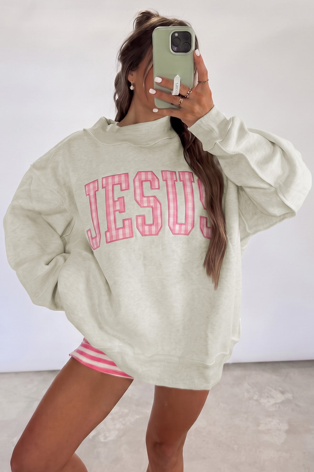 Gray High Neck Polka Dot Slogan Printed Sweatshirt