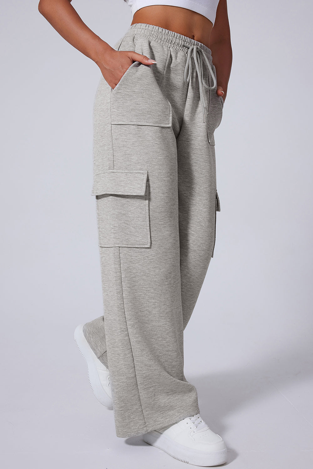 Light Grey Multi Pockets Lace-up High Waist Wide Leg Active Pants