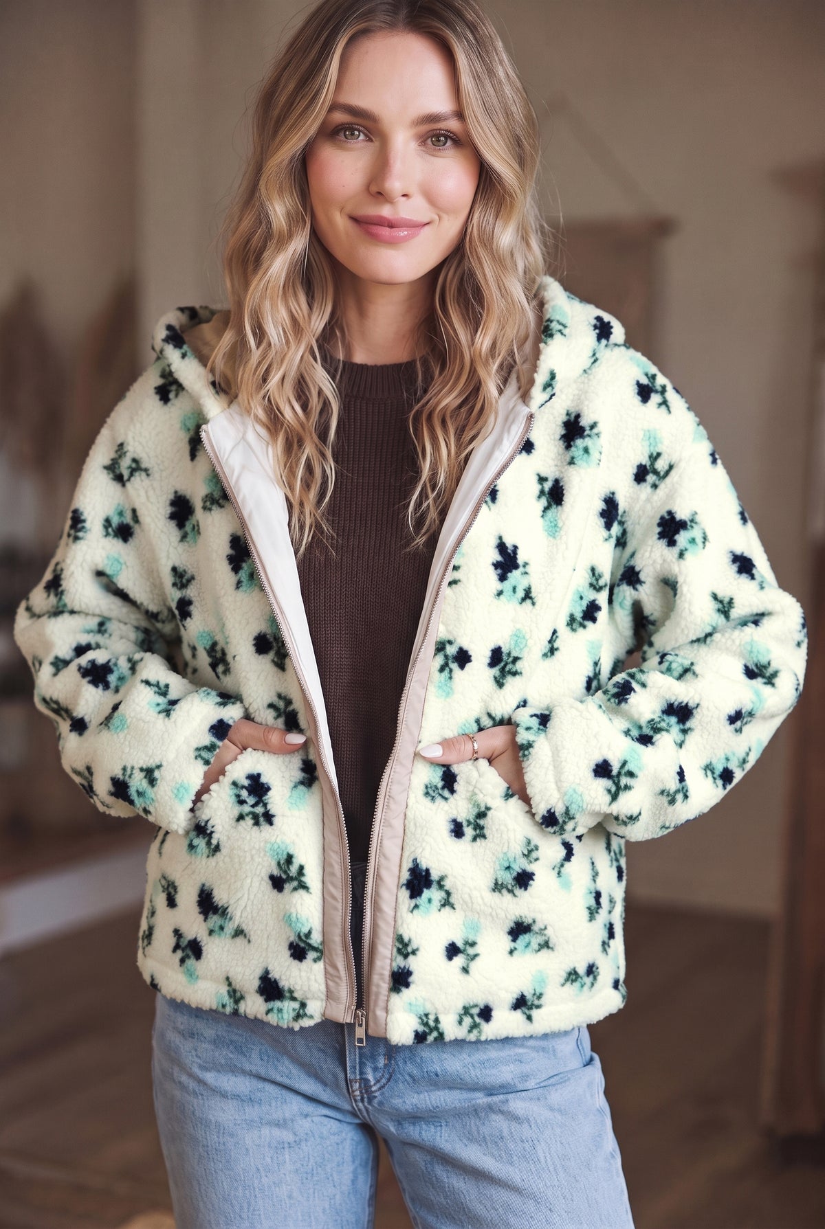 White Floral Faux Fur Hooded Zip Jacket